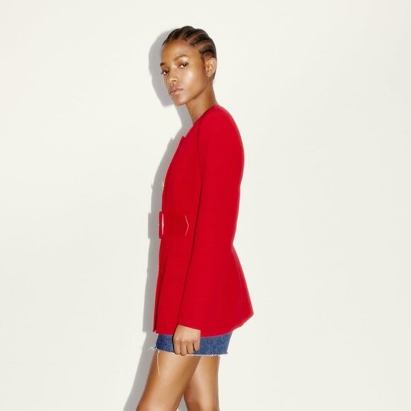 ZARA NEW WOMAN LONG BLAZER WITH LINED MATCHING BELT DRESS RED 2382/940 S - Picture 3 of 9